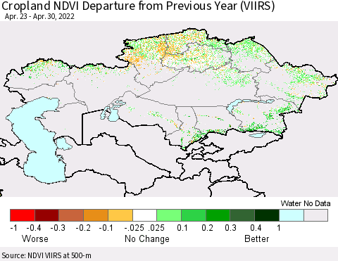 Kazakhstan Cropland NDVI Departure from Previous Year (VIIRS) Thematic Map For 4/23/2022 - 4/30/2022