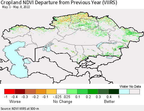 Kazakhstan Cropland NDVI Departure from Previous Year (VIIRS) Thematic Map For 5/1/2022 - 5/8/2022