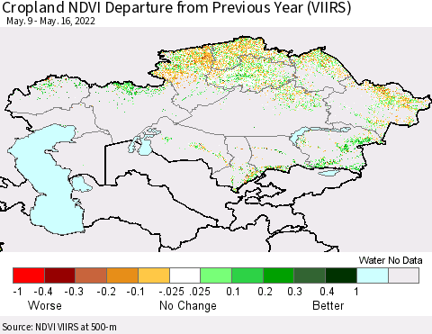 Kazakhstan Cropland NDVI Departure from Previous Year (VIIRS) Thematic Map For 5/9/2022 - 5/16/2022