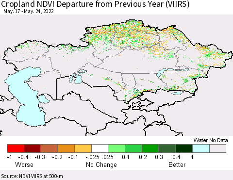 Kazakhstan Cropland NDVI Departure from Previous Year (VIIRS) Thematic Map For 5/17/2022 - 5/24/2022