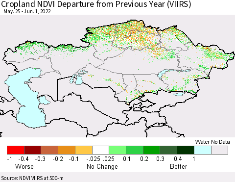 Kazakhstan Cropland NDVI Departure from Previous Year (VIIRS) Thematic Map For 5/25/2022 - 6/1/2022