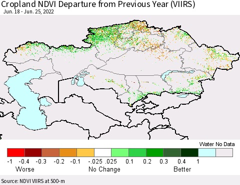 Kazakhstan Cropland NDVI Departure from Previous Year (VIIRS) Thematic Map For 6/18/2022 - 6/25/2022