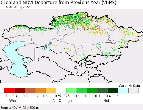 Kazakhstan Cropland NDVI Departure from Previous Year (VIIRS) Thematic Map For 6/26/2022 - 7/3/2022