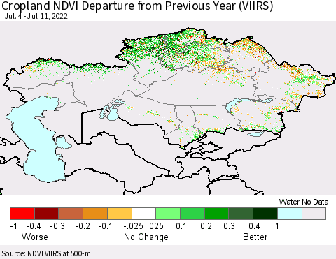 Kazakhstan Cropland NDVI Departure from Previous Year (VIIRS) Thematic Map For 7/4/2022 - 7/11/2022