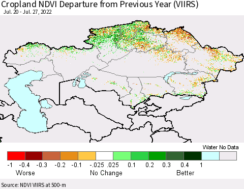 Kazakhstan Cropland NDVI Departure from Previous Year (VIIRS) Thematic Map For 7/20/2022 - 7/27/2022