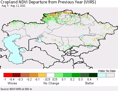 Kazakhstan Cropland NDVI Departure from Previous Year (VIIRS) Thematic Map For 8/5/2022 - 8/12/2022