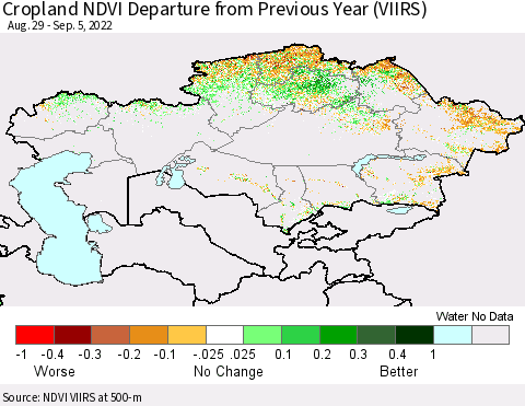 Kazakhstan Cropland NDVI Departure from Previous Year (VIIRS) Thematic Map For 8/29/2022 - 9/5/2022