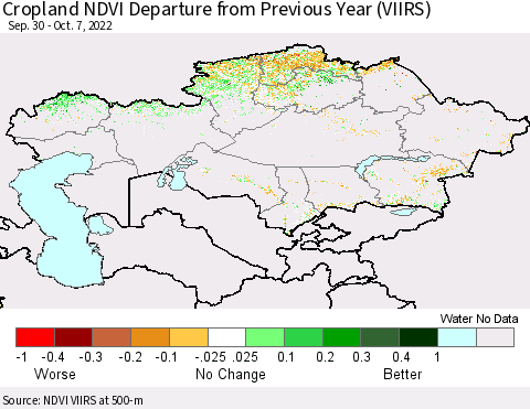 Kazakhstan Cropland NDVI Departure from Previous Year (VIIRS) Thematic Map For 9/30/2022 - 10/7/2022