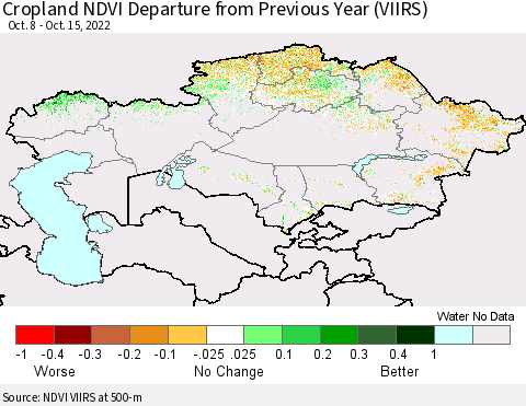 Kazakhstan Cropland NDVI Departure from Previous Year (VIIRS) Thematic Map For 10/8/2022 - 10/15/2022