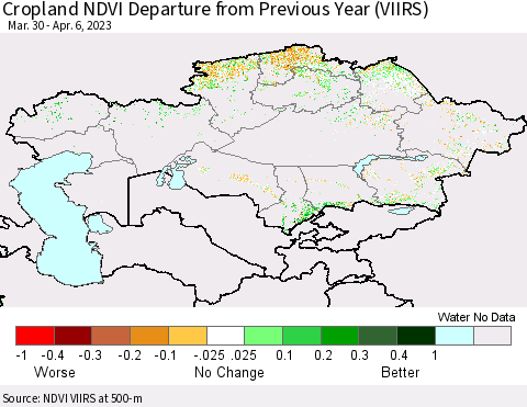 Kazakhstan Cropland NDVI Departure from Previous Year (VIIRS) Thematic Map For 3/30/2023 - 4/6/2023