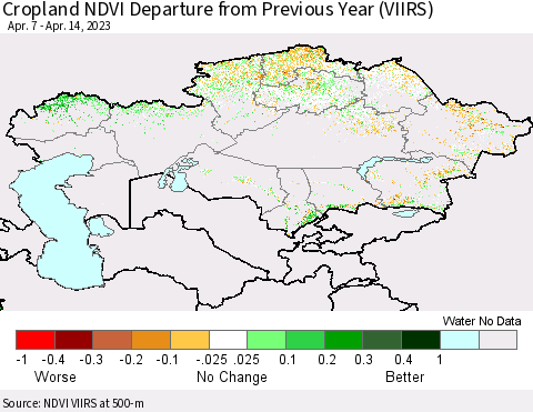 Kazakhstan Cropland NDVI Departure from Previous Year (VIIRS) Thematic Map For 4/7/2023 - 4/14/2023