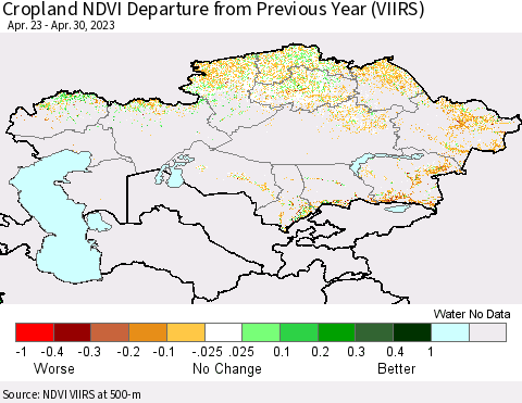 Kazakhstan Cropland NDVI Departure from Previous Year (VIIRS) Thematic Map For 4/23/2023 - 4/30/2023