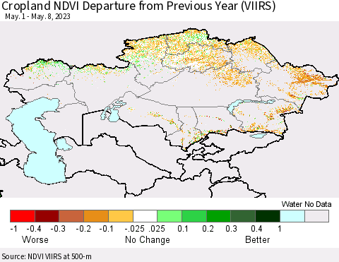 Kazakhstan Cropland NDVI Departure from Previous Year (VIIRS) Thematic Map For 5/1/2023 - 5/8/2023