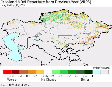 Kazakhstan Cropland NDVI Departure from Previous Year (VIIRS) Thematic Map For 5/9/2023 - 5/16/2023