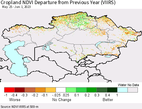 Kazakhstan Cropland NDVI Departure from Previous Year (VIIRS) Thematic Map For 5/25/2023 - 6/1/2023