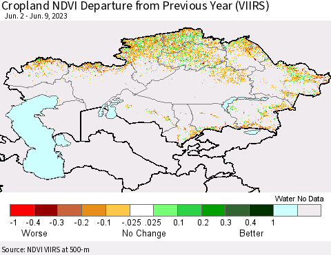 Kazakhstan Cropland NDVI Departure from Previous Year (VIIRS) Thematic Map For 6/2/2023 - 6/9/2023