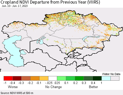 Kazakhstan Cropland NDVI Departure from Previous Year (VIIRS) Thematic Map For 6/10/2023 - 6/17/2023