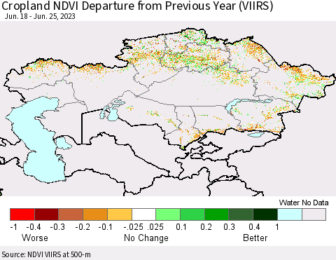 Kazakhstan Cropland NDVI Departure from Previous Year (VIIRS) Thematic Map For 6/18/2023 - 6/25/2023