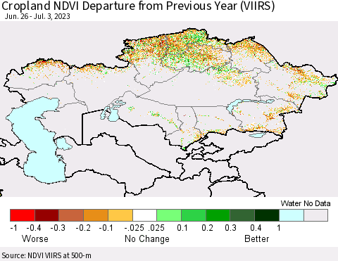 Kazakhstan Cropland NDVI Departure from Previous Year (VIIRS) Thematic Map For 6/26/2023 - 7/3/2023