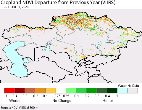 Kazakhstan Cropland NDVI Departure from Previous Year (VIIRS) Thematic Map For 7/4/2023 - 7/11/2023