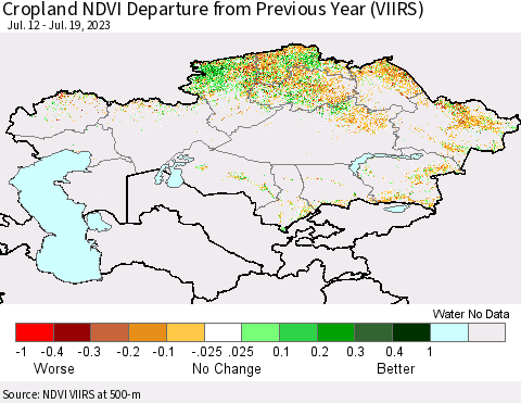 Kazakhstan Cropland NDVI Departure from Previous Year (VIIRS) Thematic Map For 7/12/2023 - 7/19/2023