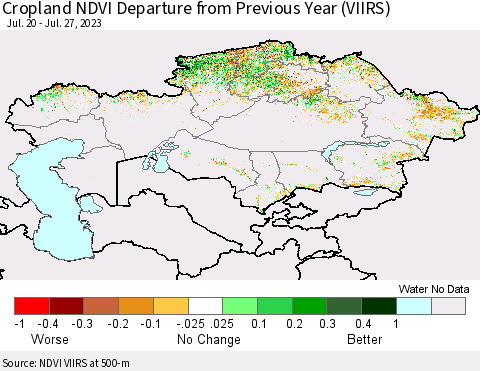 Kazakhstan Cropland NDVI Departure from Previous Year (VIIRS) Thematic Map For 7/20/2023 - 7/27/2023