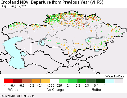 Kazakhstan Cropland NDVI Departure from Previous Year (VIIRS) Thematic Map For 8/5/2023 - 8/12/2023