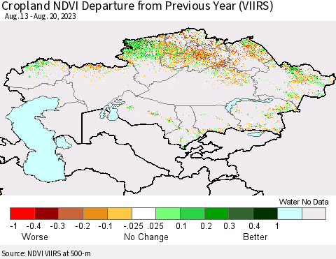 Kazakhstan Cropland NDVI Departure from Previous Year (VIIRS) Thematic Map For 8/13/2023 - 8/20/2023