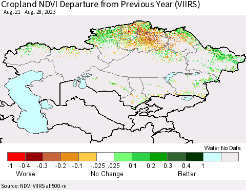 Kazakhstan Cropland NDVI Departure from Previous Year (VIIRS) Thematic Map For 8/21/2023 - 8/28/2023