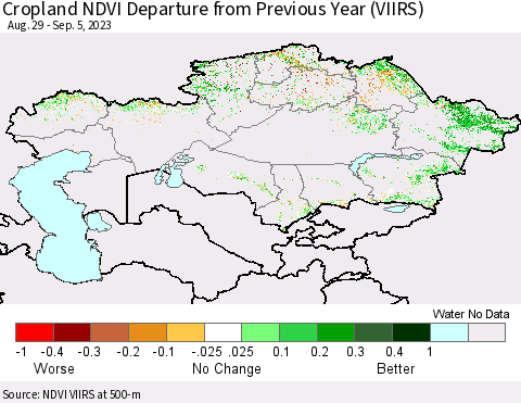 Kazakhstan Cropland NDVI Departure from Previous Year (VIIRS) Thematic Map For 8/29/2023 - 9/5/2023
