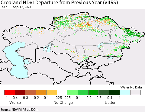 Kazakhstan Cropland NDVI Departure from Previous Year (VIIRS) Thematic Map For 9/6/2023 - 9/13/2023