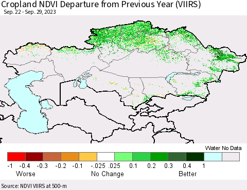Kazakhstan Cropland NDVI Departure from Previous Year (VIIRS) Thematic Map For 9/22/2023 - 9/29/2023