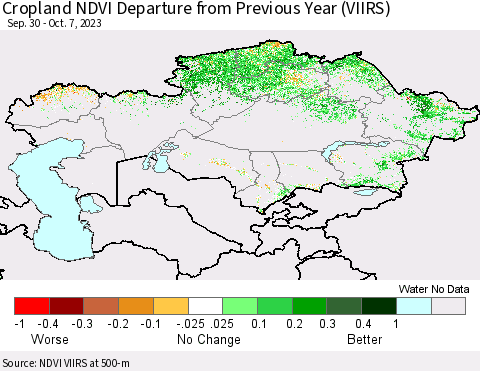 Kazakhstan Cropland NDVI Departure from Previous Year (VIIRS) Thematic Map For 9/30/2023 - 10/7/2023