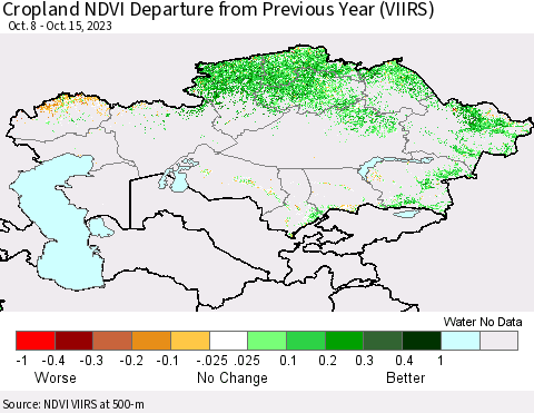 Kazakhstan Cropland NDVI Departure from Previous Year (VIIRS) Thematic Map For 10/8/2023 - 10/15/2023