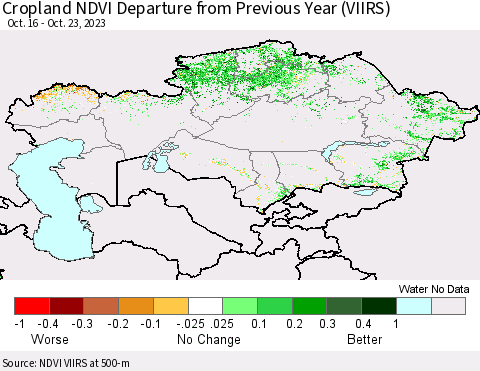 Kazakhstan Cropland NDVI Departure from Previous Year (VIIRS) Thematic Map For 10/16/2023 - 10/23/2023