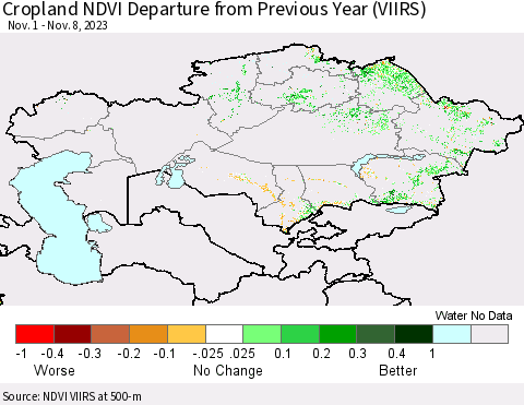 Kazakhstan Cropland NDVI Departure from Previous Year (VIIRS) Thematic Map For 11/1/2023 - 11/8/2023