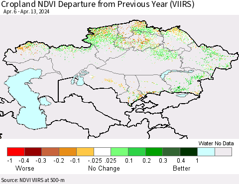 Kazakhstan Cropland NDVI Departure from Previous Year (VIIRS) Thematic Map For 4/6/2024 - 4/13/2024
