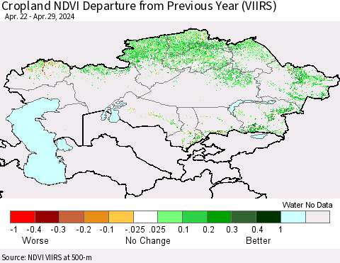 Kazakhstan Cropland NDVI Departure from Previous Year (VIIRS) Thematic Map For 4/22/2024 - 4/29/2024