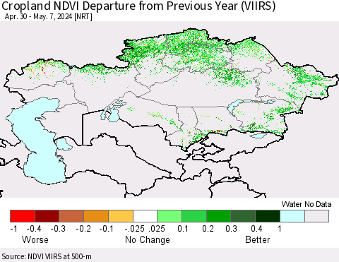 Kazakhstan Cropland NDVI Departure from Previous Year (VIIRS) Thematic Map For 4/30/2024 - 5/7/2024