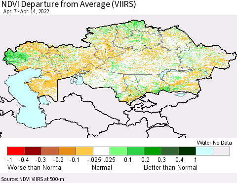 Kazakhstan NDVI Departure from Average (VIIRS) Thematic Map For 4/7/2022 - 4/14/2022