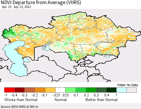 Kazakhstan NDVI Departure from Average (VIIRS) Thematic Map For 4/15/2022 - 4/22/2022