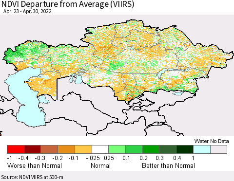 Kazakhstan NDVI Departure from Average (VIIRS) Thematic Map For 4/23/2022 - 4/30/2022