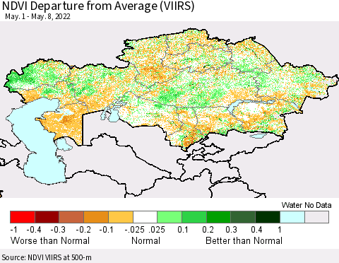 Kazakhstan NDVI Departure from Average (VIIRS) Thematic Map For 5/1/2022 - 5/8/2022