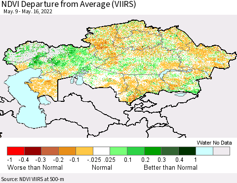 Kazakhstan NDVI Departure from Average (VIIRS) Thematic Map For 5/9/2022 - 5/16/2022