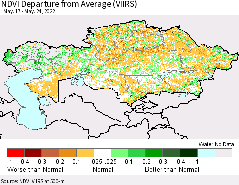 Kazakhstan NDVI Departure from Average (VIIRS) Thematic Map For 5/17/2022 - 5/24/2022
