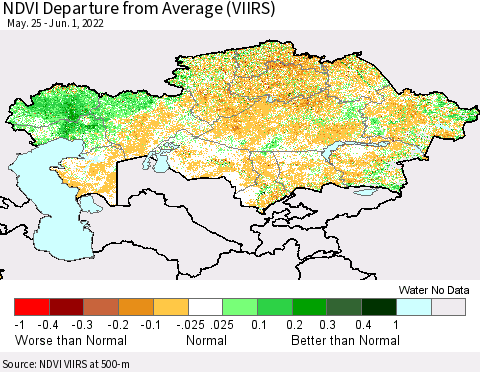 Kazakhstan NDVI Departure from Average (VIIRS) Thematic Map For 5/25/2022 - 6/1/2022