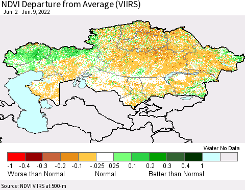 Kazakhstan NDVI Departure from Average (VIIRS) Thematic Map For 6/2/2022 - 6/9/2022