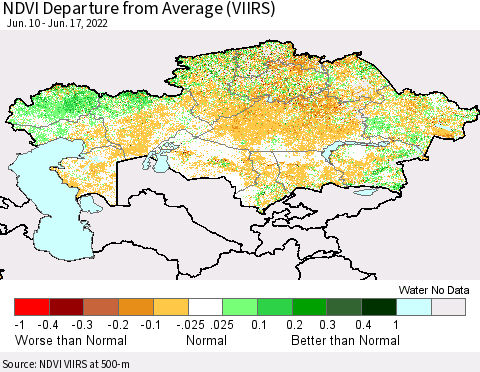 Kazakhstan NDVI Departure from Average (VIIRS) Thematic Map For 6/10/2022 - 6/17/2022