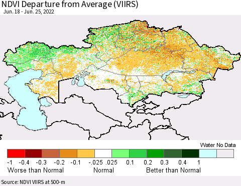 Kazakhstan NDVI Departure from Average (VIIRS) Thematic Map For 6/18/2022 - 6/25/2022