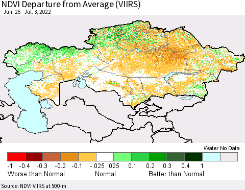 Kazakhstan NDVI Departure from Average (VIIRS) Thematic Map For 6/26/2022 - 7/3/2022